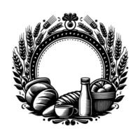 Monochromatic Vintage Bakery Emblem with Bread, Dairy, and Wheat Wreath, Centered with Blank Space for Text. vector