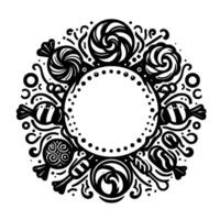 Intricate black and white candy frame with various lollipops, hard candies, and a central circle for text or elements, creating a festive . vector