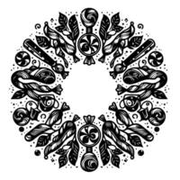 Intricate Black and White Circular Ornament Sweets, Leaves, and Decorative Elements Forming a Symmetrical . vector