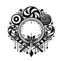 Ornate Black and White Lollipop with a Central Empty Circle and Ornate Floral Swirl Elements vector