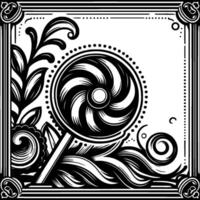 Intricate Black and White Illustration of a Swirling Lollipop and Floral Within a Decorative Border vector