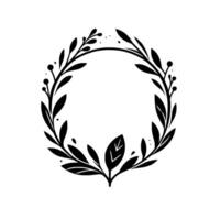 A monochromatic, style botanical wreath composed of olive branches and berries, set against a clean white background. vector