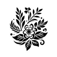 Intricate black and white floral illustration featuring a central bloom surrounded by leaves, berries, and decorative flourishes on a pristine white background. vector
