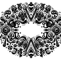 Symmetrical Black and White Ornamental with Candies, Bottles, and Geometric Elements Forming an Oval Frame. vector