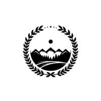 A circular emblem showcasing a stylized mountain range beneath a sun, enclosed by a laurel wreath, and punctuated by dots. vector