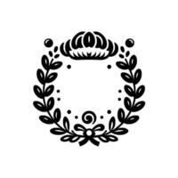 Elegant Black and White Laurel Wreath with Crown, Bow, and Dots, Embodying Classic and a Royal Feel. vector
