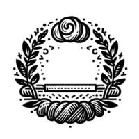 Elegant Black and White Emblem of a Bakery, Featuring a Twisted Loaf, Leaves, Rolling Pin, and Braided Dough, Forming a Decorative Circle. vector