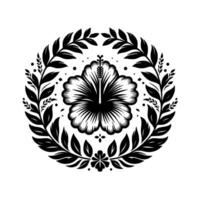 Intricate Black and White Botanical Illustration Hibiscus Flower and Foliage Wreath with Dot Accents on White Background vector