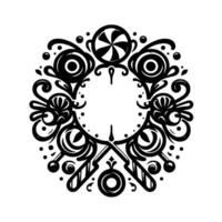 Intricate Black and White Circular Ornamental Featuring Lollipop, Swirls, and Abstract Floral Elements, With a Blank Center. vector