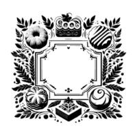 Monochromatic, Ornamental Dessert Illustration with Central Frame, Surrounded by Cakes, Sweets, and Botanical Elements. vector