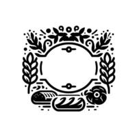 Elegant Black and White Bakery Emblem Oval Frame with Wheat, Leaves, Bread, and Flourish Designs. vector