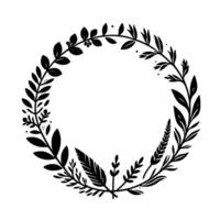 A meticulously crafted black and white circular floral wreath featuring various leaf types, providing a clean and elegant with a blank center. vector
