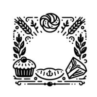 Black and White Bakery Frame with Wheat, Pastries, and Leafy Embellishments, Isolated on White. vector