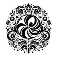 Intricate Black and White Swirl Lollipop with Floral Embellishments in a Circular, Decorative Pattern on White Background. vector