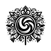 Intricate, stylized black and white lollipop , featuring a spiral swirl center, surrounded by ornate floral and foliate embellishments on a minimalist white background. vector