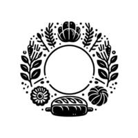 Elegant Black and White Floral Wreath with Baking Elements Bread, Circle for Text and Ornamental Flourishes. vector