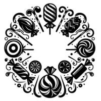 A symmetrical, black and white candy arrangement, composed of various lollipops, hard candies, and wrapped sweets, forming a circular decorative pattern on a white background. vector