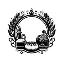Rustic Black White Decorative Circular Emblem featuring Wheat, a Flask, Pumpkin, and Bread, with Ornate Swirls and Dots. vector