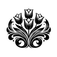 Intricate black and white floral pattern composed of tulips, leaves, and swirling accents in a symmetrical on a white background. vector
