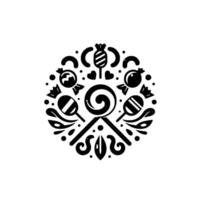 Circular Black and White Candy Arrangement, Featuring Lollipops, Hard Candies, and Decorative Elements in a Minimalist . vector
