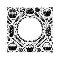 Artistic, Square Black and White Bakery with a Floral Wreath Border, Featuring Cupcakes, Bread, Wheat, and Baking Tools. vector