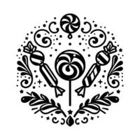 Circular black and white candy illustration, featuring lollipops, wrapped sweets, floral, and decorative elements in a symmetrical . vector