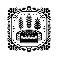 Black and White Illustrated Bakery Emblem Featuring Bread, Wheat, and Floral Border within a Rectangular Frame, Rustic Aesthetic. vector