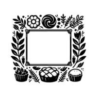 Elegant, monochromatic floral and pastry illustration, featuring a central rectangular frame surrounded by stylized leaves, flower, berries, and pies for decorative purpose. vector