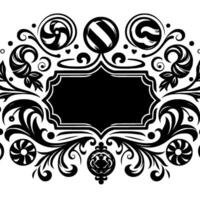 Elegant black and white decorative frame with swirling patterns, floral elements, and ornate circular designs, perfect for invitations. vector