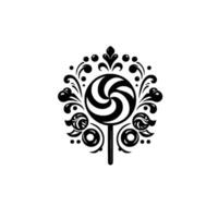 Ornate Black and White Lollipop with Floral and Swirl Embellishments in a Symmetrical Pattern, Elegant Concept. vector