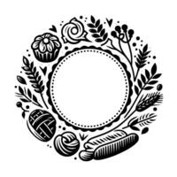 Artistic Black White Bakery Wreath Composition Featuring Baked Goods, Plants, and a Central Empty Space for or Text. vector