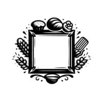 Black and white bakery featuring a blank square frame surrounded by baked goods, wheat, and a spatula. vector