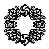 Abstract black and white circular ornament featuring stylized spiral and floral elements arranged symmetrically. vector