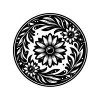 Intricate Floral Mandala A symmetrical, monochrome of daisies and leaves arranged in a circular pattern on a white background. vector