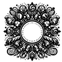 Intricate Black and White Circular Ornamental with a Central Blank Circle, Detailed Floral and Geometric Patterns. vector