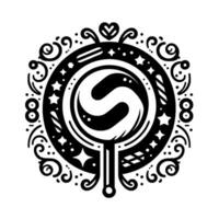 Ornate black and white lollipop emblem featuring an S with stars, hearts, and decorative swirls, embodying whimsical charm. vector