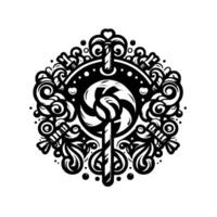 Intricate Black and White Candy Medallion Swirl Lollipop, Candies, and Ornamentation within a Circular Frame. vector