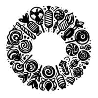 A circular arrangement of stylized black and white sweets and candies, forming a decorative wreath with a blank center. vector