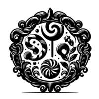 Ornate Black White Candy Medallion Swirls, Lollipops, and Floral Elements in a Decorative Circular Frame. vector