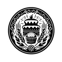 Black and white circular illustration, featuring a tiered cake and a cupcake, surrounded by wheat and decorative border. vector