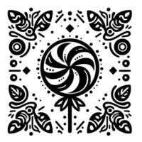 Black and white symmetrical featuring a lollipop as the central element, adorned with stylized floral and geometric patterns. vector