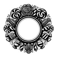 Intricate Black and White Circular Illustration of Various Candies, Lollipops, and Decorative Elements Framing a Central Blank Space. vector