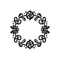 Intricate Black and White Circular Floral Ornament with Swirls, Leaves, and Dots on a White Background. vector