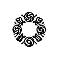 Circular black white featuring lollipop, flower, and bunny icons arranged in a symmetrical decorative pattern. vector
