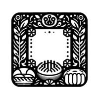 Black and white illustration square frame with floral and food elements around a blank central space, resembling a decorative emblem. vector