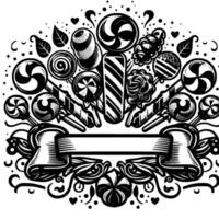 Intricate Black and White Candy Composition with Lollipop Array, Ribbon Banner, and Decorative Elements vector