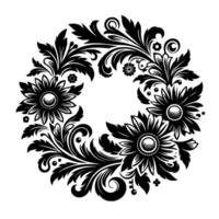 Intricate Black and White Circular Floral with Daisies, Leaves, and Ornamental Scrolls on a White Background. vector