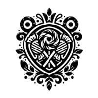 Black and White Emblem A Candy Crest featuring lollipop heart, wrapped sweets, and ornate floral and circular elements. vector