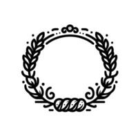A minimalist, symmetrical, black and white illustration of a circular wheat wreath with decorative swirls and dots, framing a blank circle. vector
