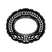 Elegant Black and White Oval Laurel Wreath Frame with Leaf Accents and Scalloped Border, perfect for Invitations and Designs. vector